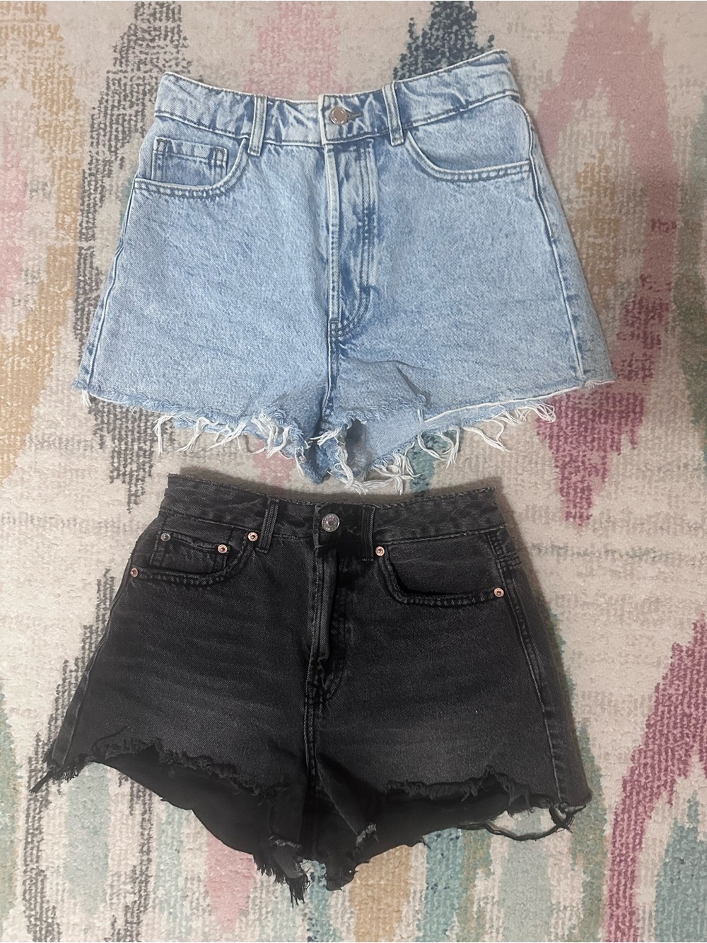 stradivarius Light Blue & Black High-Waist Frayed Denim Shorts